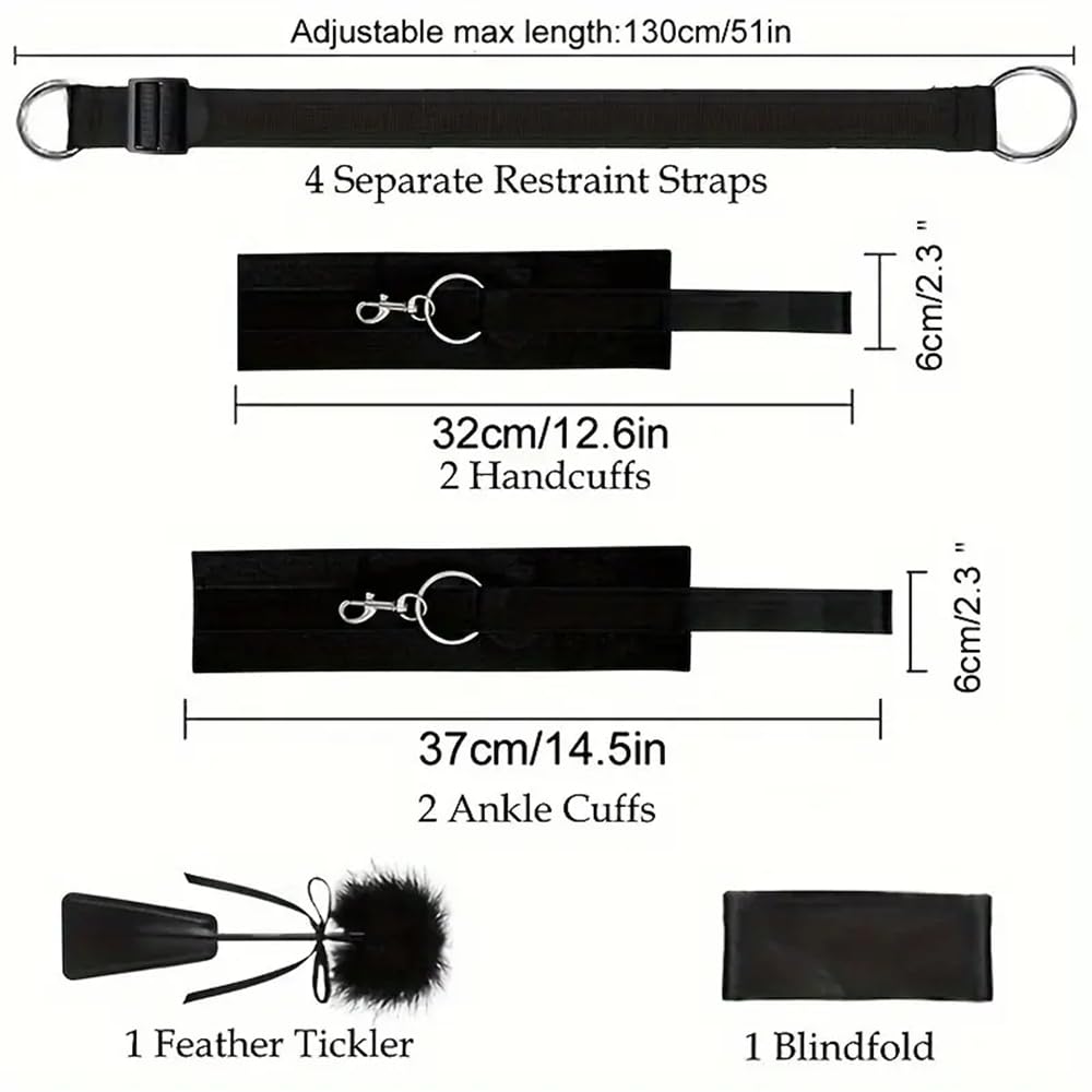 Set da 5 pezzi di prodotti per la fasciatura del letto, set di manette circolari in acciaio e polsini per caviglie, con maschera per gli occhi, piume flirtanti, imbottitura in pelle