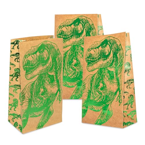 Dinosaurier Geschenktüten, 24er-Set Papiertüten mit Grün Folie Partytüten 21 x 12 x 7cm Candytüten Geschenktaschen Partytaschen