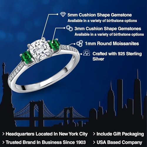 Gem Stone King 925 Sterling Silver White Moissanite and Green Nano Emerald 3 Stone Engagement Ring For Women | 1.04 Cttw | Cushion 5MM and 3MM | Available In Size 5, 6, 7, 8, 92