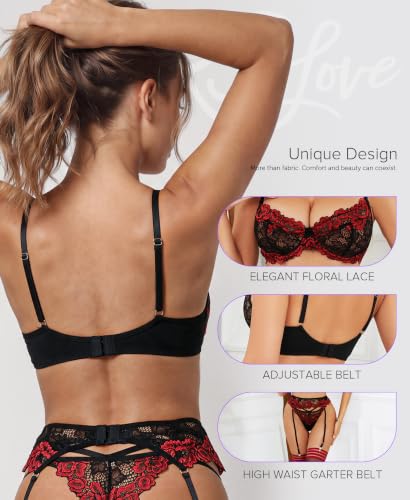 Image of RSLOVE Lingerie Set for Women Sexy - Corset And Panty Outfits 3 Piece Lace Push Up Underwire with Garter Lingerie