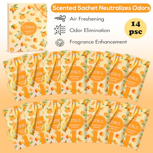 Image of SCENTORINI Scented Sachets for Drawers and Closets, Citrus Scent 14 Pack | Home Fragrance Sachets Bags Gift Set, Wardrobe Freshener for Dresser, Closets, Clothes Storage, Small Space, Suitcases
