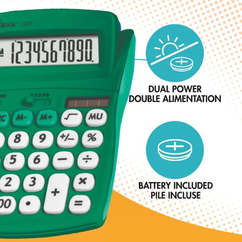 Lexibook, FRUITIES® Bureaurekenmachine met kantelbaar display, 10 cijfers, Basis- en geavanceerde functies, Grote toetsen, Werkt op zonne-energie en batterijen, Groen, C210B