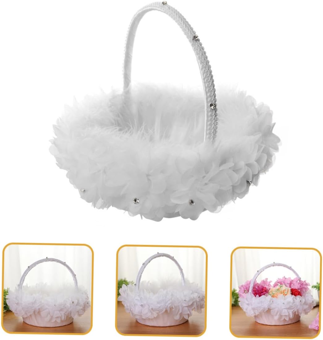 COLLBATH White Lace Flower Girl Basket with Handle, Floral Wedding Basket for Petals, Party Supplies Decoration for Ceremony,