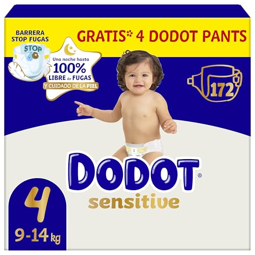 Dodot Pañales Bebé Sensitive, Talla 4 (9-14 kg), 172 Pañales + 4 Pants de Regalo, Hasta 12 h De Protección Antifugas y Cuidado de la Piel, Pack Mensual