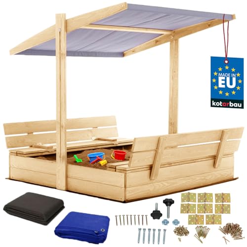 KOTARBAU® Sandkasten mit Abdeckung 120 x 120 cm Großer Natufarbe Holzsandkasten mit Grau Dach Sandkasten mit Deckel Sandkasten mit Dach Gartenspielzeug Kinder imprägniert verschließbar mit Bänken