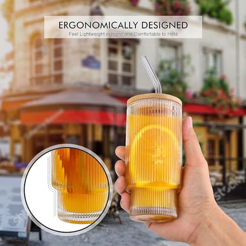 Image of KHOLAD Ribbed Drinking Glasses with Bamboo Lids and Straws, Ribbed Glass Cups, Stackable Glasses, Vintage Water Glasses for Juice, Beer, Coffee, Tea and Cocktail Pack of 1 (Lining)