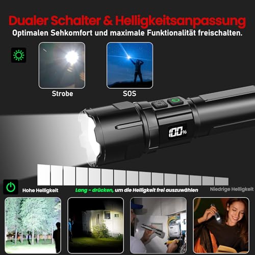 Shadowhawk Lot de 2 lampes de poche LED rechargeables | Lampe de poche tactique (2 interrupteurs) 500 000 lumens - Extrêmement lumineuse - Jusqu'à 1000 m de portée - 12 h d'autonomie pour le camping – vue 4
