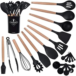 Kitchen Utensils Set - Silicone Kitchen Cooking Utensils Set with Holder -Heat Resistant, Non Toxic-Wooden Handle -Kitchen Tools & Gadgets - Ideal for Cooking and Baking (22 Pieces)