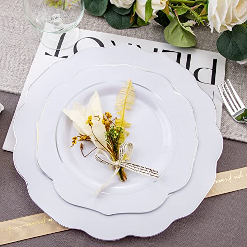 Noccur 175Pcs Silver Plastic Plates - Christmas Plates - Silver Rim Plastic Tableware Include 25Dinner Plates, 25Dessert Plates, 25Forks, 25Knives, 25Spoons For Wedding And Party #TOP3