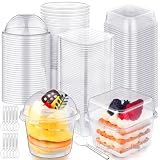 Jingmore Plastic Dessert Cups with Lids and Spoons, 8 oz 9 oz Clear Dessert Parfait Appetizer Cups Square Disposable Party Serving for Yogurt Puddings Fruits Ice Creams Cakes (240 Pcs)