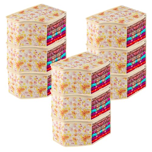 Image of Urbane Home Blouse Cover | Clothes Storage Bag | Zipper Wardrobe Organizers | Non-Woven Clothes Organiser | Side Transparent Blouse Organizer | Red Flower-Design | Pack of 9 | Ivory