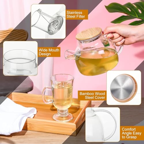 Image of Glass Kettle 1 Teapot Bamboo Lid with 1 Wooden Tray and 4 Tea Cup Tableware Serving Set Heat-Resistant Glass Hot Water Flower Brewed Loose Leaf Tea Filter Spout- Set of 6