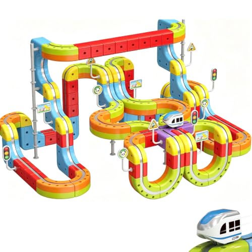 Tren Eléctrico Juguete 141 Piezas, Kit de Vías de Cubos 3D DIY con Trenes Electricos, Creativo Juego de Construcción, Regalo para Niños 3-12 Años