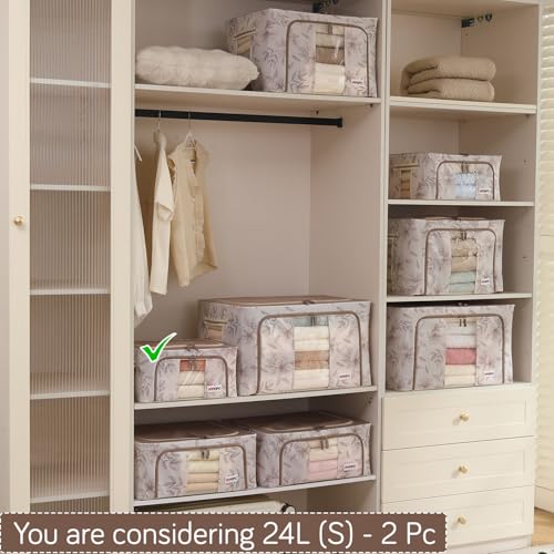 Image of HOKIPO 24L(S) 600D Oxford Fabric Cloth Organizer for Storage, Latte Floral Pack of 2 (AR-6484-LBR*2)