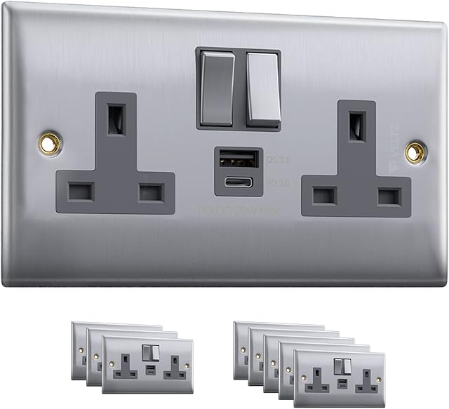 USB C & A Socket | Super Fast Charging | 20W PD & 18W QC | VELTZ Pro | Double Plug Wall Socket 13A 2 Gang | Brushed Steel