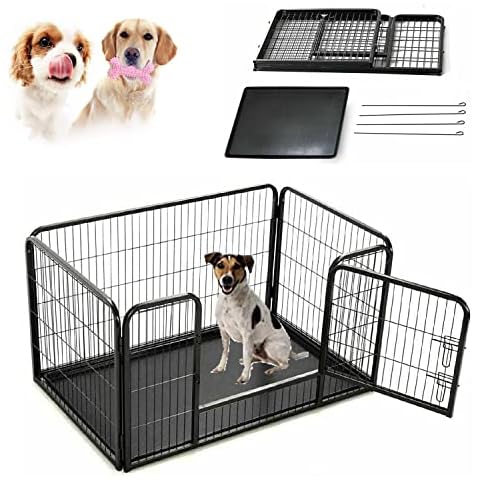 VickyHome Dog Play Pens for Indoors & Outdoors, Strong Metal Puppy Dog Play Pen, 4 Panels Run Enclosure, Welping Box with Removable Floor, Door with locks, Foldable Design for Easy Assembly & Storage Cover