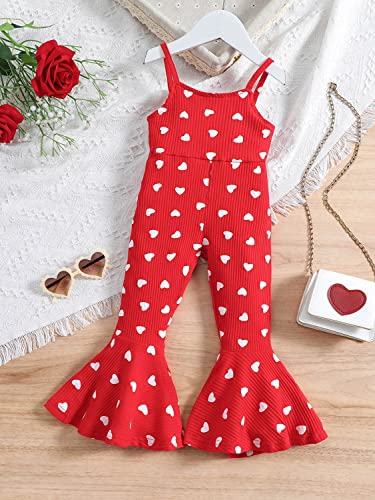 Toddler Baby Girl Valentine's Day Bell Bottom Romper Love Heart Ribbed Halter Strap Flared Jumpsuit Summer Overalls(Red, 2-3T(110)) #TOP1