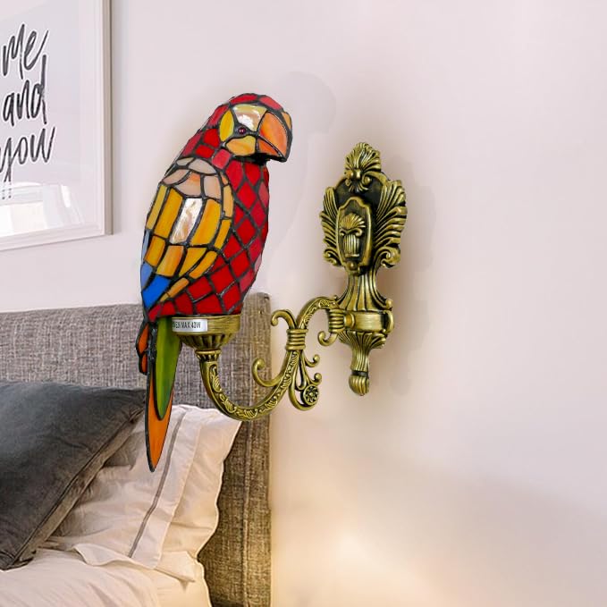 Image of Parrot Tiffany Wall Sconce Handmade Stained Glass with LED Bulb | Handmade parrot stained glass Tiffany wall sconce, vintage style, 1 light, LED bulb for living room bedroom hallway