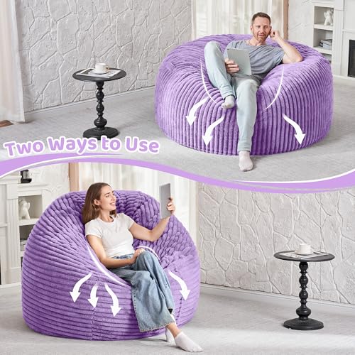 Image of HABUTWAY 5FT Bean Bag Chair, 5' Large Bean Bag Chairs for Adults with Removable Stripe Plush Cover, Memory Foam Beanbag Chair for Living Room Bedroom Dorm (Purple)