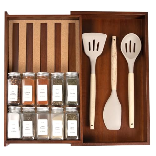 KitchenEdge Expandable Spice Drawer Organizer, Acacia