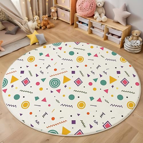 Tapis rond doux et lavable en machine blanc 160cm géométrique - 2