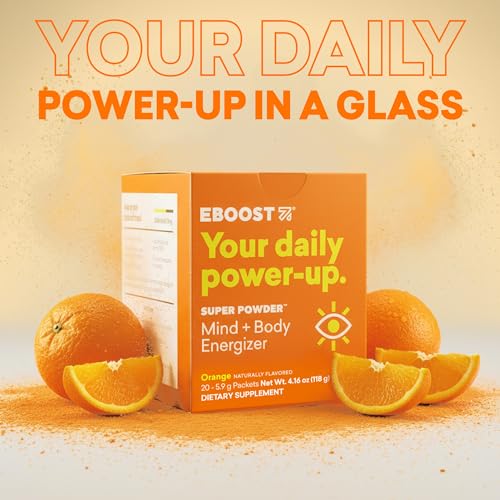 Image of EBOOST Super Powder Drink Mix - Orange 0.2 oz 20 Pack Hydration Energizer Electrolytes Powder - 13 Vitamins & Minerals - 110 mg Caffeine - 0 Added Sugar - No Artificial Flavors or Sweeteners