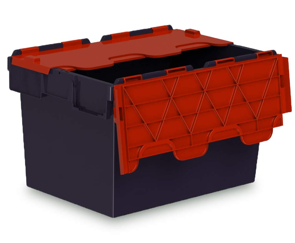 Totebox 10x 64 Litre Storage Box/Attached Lid Container in Black with Red Lid (600 x 400 x 365h mm)