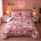Pink Pig Comforter Set Full，Kawaii Pink Cute Animals Bedding Set for Kids Boys Girls Teens Room Decor Kawaii Animals Comforter Set Farmhouse Wildlife Theme Bedroom Living Room Decor，All Season