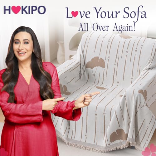 Image of HOKIPO Premium Chenille Printed Sofa Cover Throw Blanket 320 GSM for 1 Seater - All Season Use, 'Serene Abode Series' Beige Ginkgo Lines (180x180 cm) (AR-6631-D2)