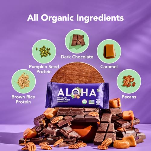 Image of ALOHA Organic Plant Based Protein Bars | Chocolate Caramel Pecan | 12 Count, 1.98oz Bars | Vegan, Low Sugar, Gluten Free, Paleo Friendly, Low Carb, Non-GMO, Stevia Free, Soy Free, No Sugar Alcohol Sweeteners
