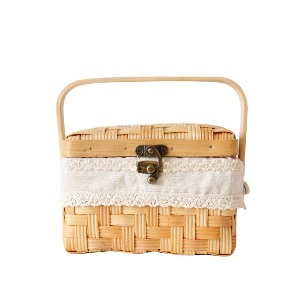 Cesta de mimbre tejida a mano, cesta de almacenamiento cubierta para ropa y aperitivos, organizador decorativo de escritorio con asas