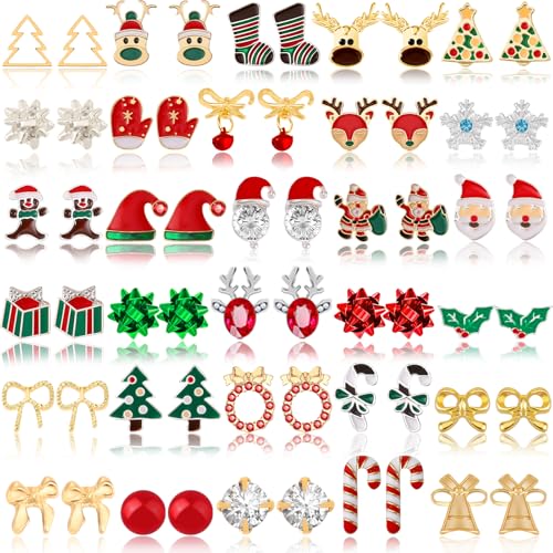 30 Pairs Christmas Earrings for Women, Xmas Gifts Holiday Cute Stud Earrings Hypoallergenic Christmas Tree Snowflake Bow Snowman Stocking Santa Claus Elk Stud Festive Party Jewelry Gifts