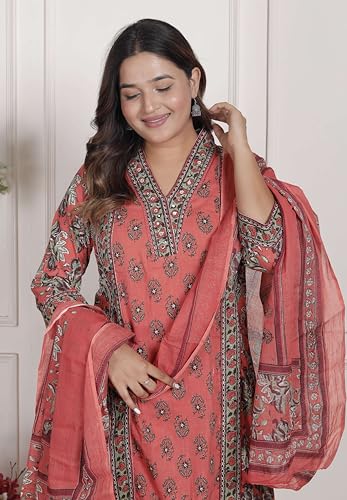 Image of Women's Cotton Printed Straight Kurti With Pant and Dupatta Set (PEACH)