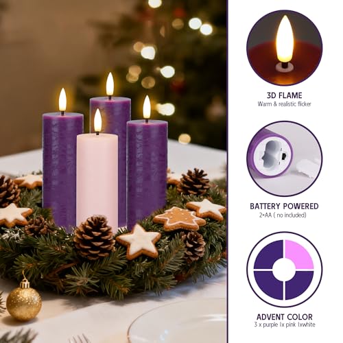 Image of Flameless Advent Candles Set of 4, Real Wax Advent Pillar Candles Battery Operated 9.6 inch, Purple and Pink Christmas LED Candle for Wreath, Christ, Home, Church, Catholic Decoration