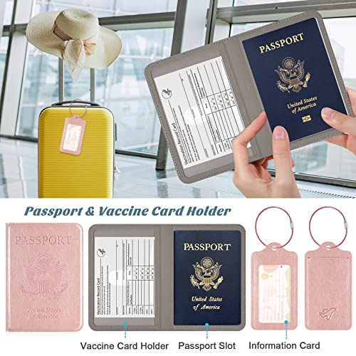 Dmluna Passport Holder And Luggage Tag Set, Passport And Vaccine Card Holder Combo, Leather Passport Wallet Cover Travel Documents Organizer With Vaccine Card Slot, For Men And Women, Rose Gold #TOP2
