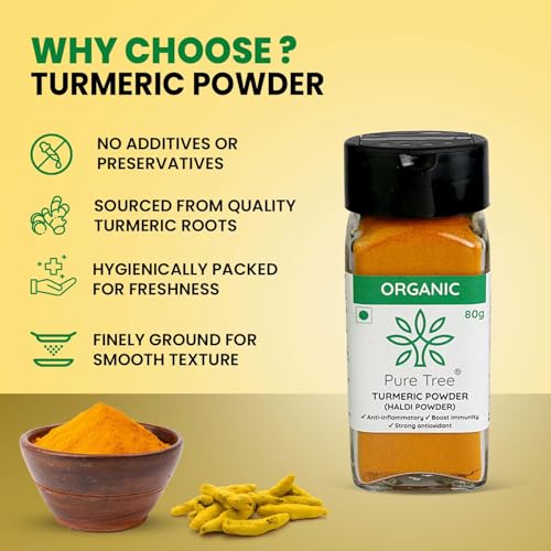 Image of Pure Tree Certified Organic Haldi Powder | 80 g | Glass Jar | Turmeric Powder | Spice Masala Powder Raw for Milk | Strong Antioxidant