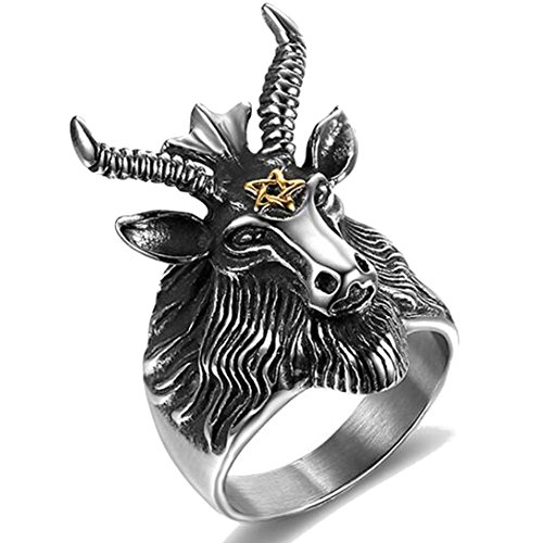 Jude Jewelers Stainless Steel Satan Worship Ram Goat Head Ring Star of David Aries Zodiac Biker (Grey Gold 10)