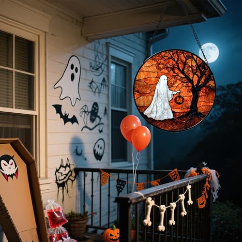 Image of Stained Glass Window Hanging - Halloween Ghost Holding A Pumpkin Lantern Suncatcher for Door Garden Spooky Tree Sun Catchers Gothic Decorations Horror Gifts for Women Men Friend 9.8 in