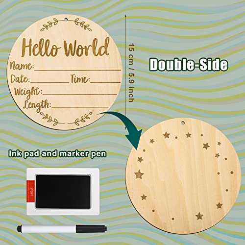 Baby Announcement Sign, 5.9 Inch Round Baby Nursery Name Signs with Ink Pad for Baby Hand and Footprints Wooden Hello World Newborn Sign for Photo Prop - Image 3