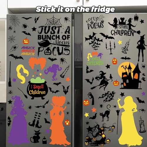 Image of 92Pcs Halloween Window Clings - Hocus Pocus Window Clings,I Smell Children Witch Clings for Glass Windows,Reusable Double Sided Static Window Stickers for Halloween Decorations(9 Sheets)