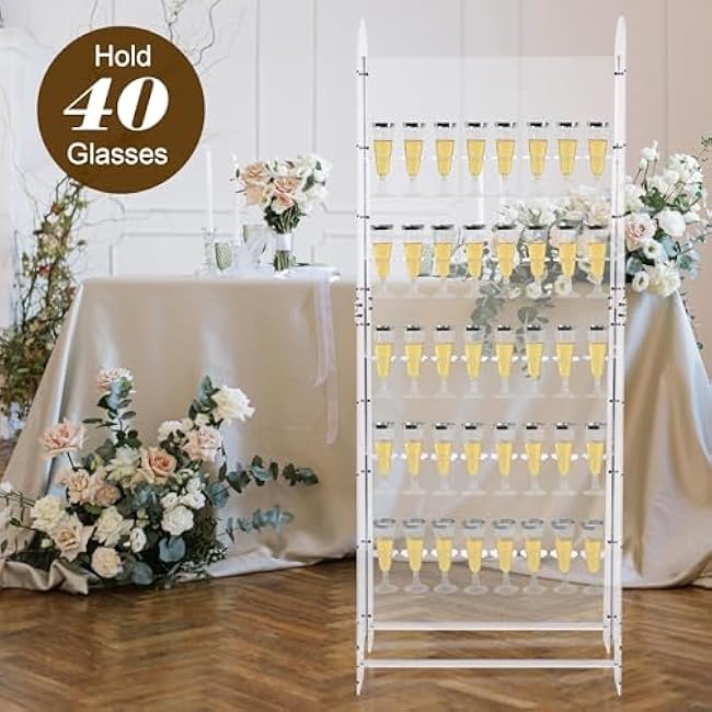 TURSTIN 5-Tier Champagne Wall Holder for Party 61.4 x 23.6 x 15.4 Inch Acrylic Champagne Towel Hold 40 Cups Wine Glass Stemware Rack Bubbly Champagne Flute Display Stand for Wedding and Parties