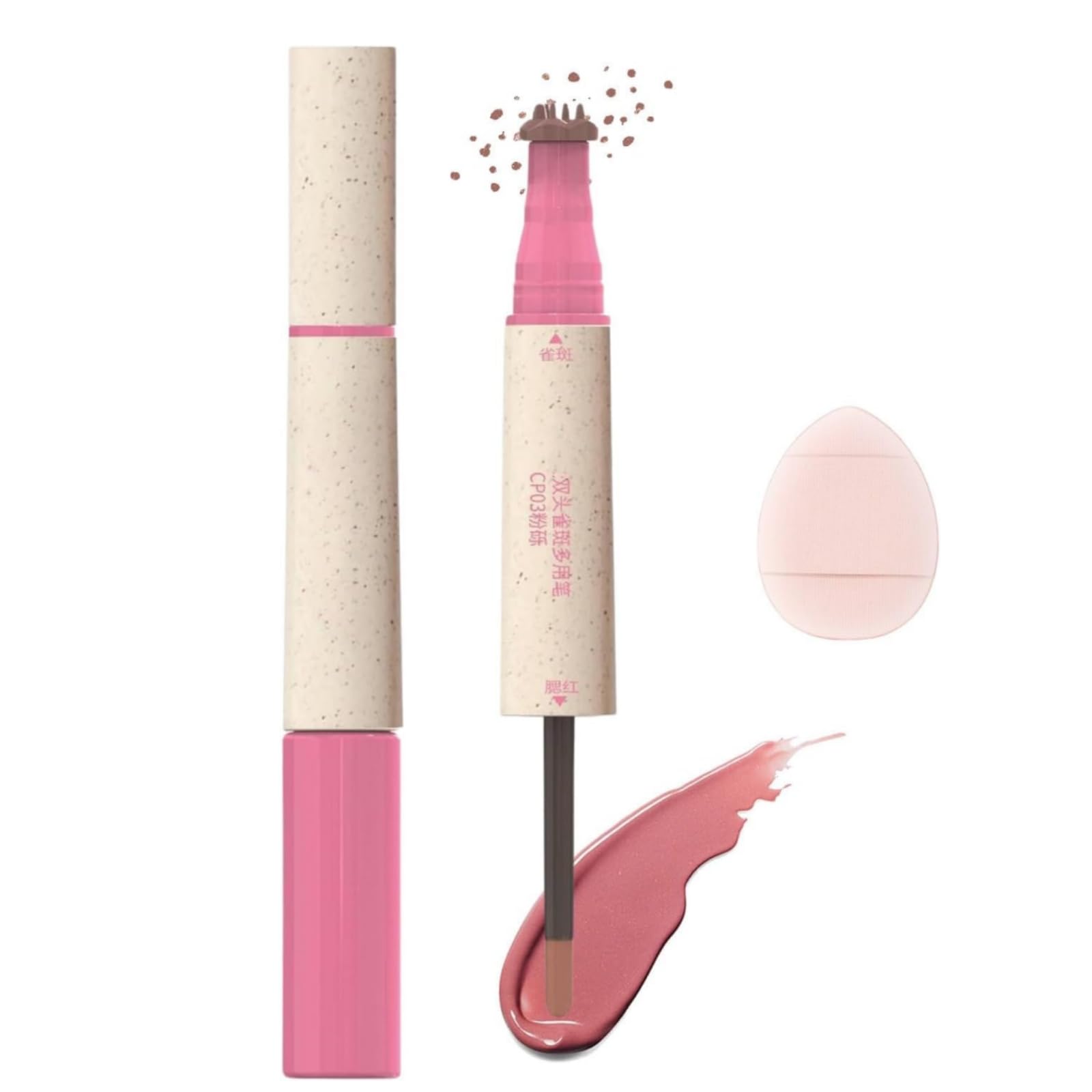 2-In-1 Freckle Blush Pen,Freckle Stamp,Blush Liquid,Frec-Kle Pen,Liquid Bl-Ush For Cheeks,Light Brown&Soft Pink,Waterproof,Quick-Dry,Durable&Long-Lating,Natural Lifelike(With Little Powder Puff)
