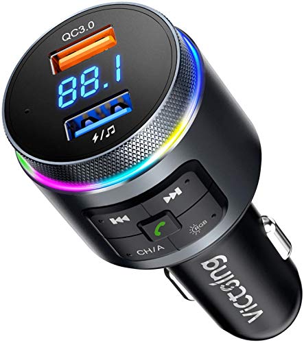 VicTsing Transmisor FM Bluetooth 5.0 para Coche [Detecta Frecuencia Libre de Forma Autom�tica] Dual Micr�fono Manos Libres Reproductor MP3 QC3.0 Adaptador,Siri Google Asistente/Luz LED Anillo