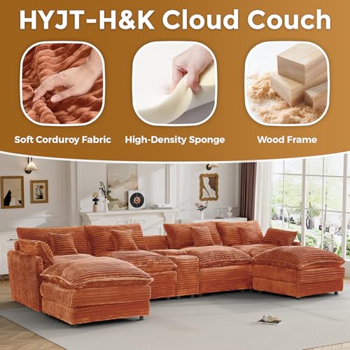 Image of 145 inch Oversized U Shaped Modular Sectional Sofa with Ottoman, Comfy Fluffy Soft Corduroy, Large Cloud Couch with USB Port, Cup Holder and Storage Central Console for Living Room, Orange