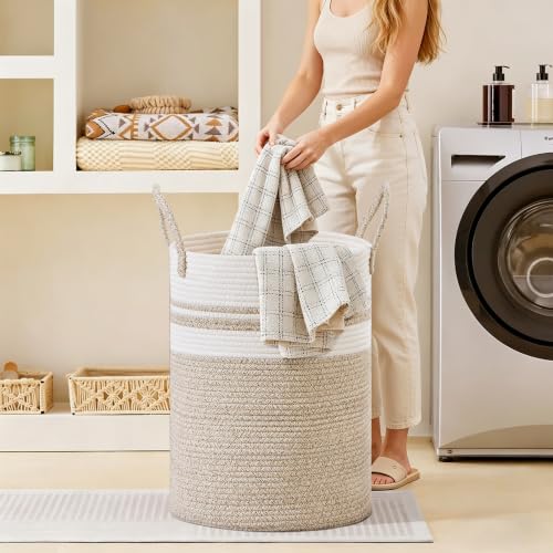 Image of 72L Large Tall Cotton Rope Laundry Basket with Handles, White & Brown