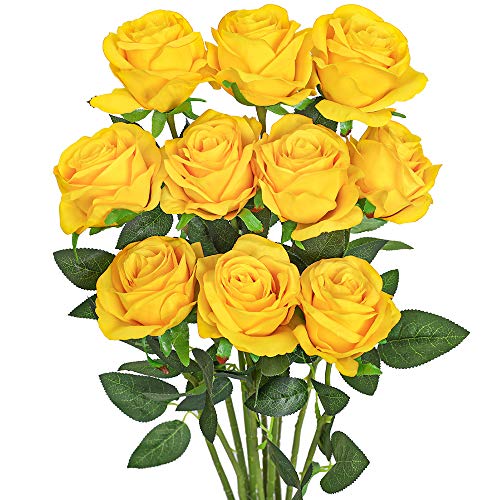Luyue Artificial Silk Rose Flower Bouquet Wedding Party Home Decor, Pack Of 10-Pure Yellow #TOP25