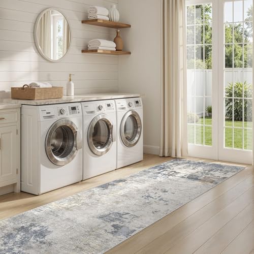 2X10 Washable Runner Rug for Hallway: Soft Neutral Modern Abstract Area Rug - Non-Slip Low Pile Long Throw Indoor Carpet for Kitchen Entryway Kitchen Bedroom Laundry - Blue Grey