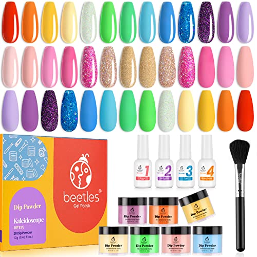 Beetles 20 Pcs Dip Powder Nail Kit Starter, Rainbow Dipping Powder Set Nude Glitter Kaleidoscope Collection for DIY Salon Nail Art Manicure with Base Top Coat Activator Brush Saver