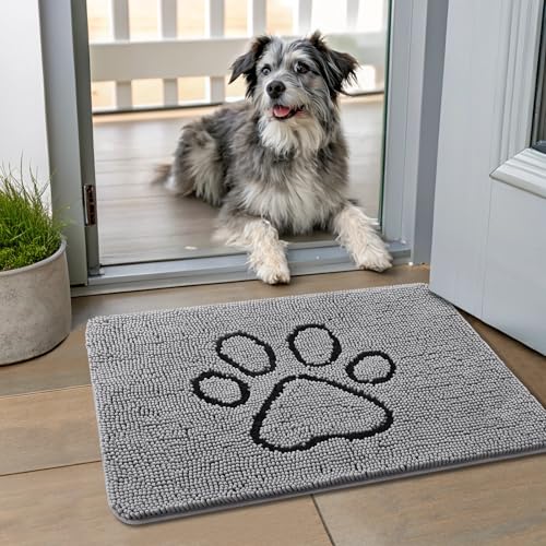 Image of Smiry Dog Door Mat for Muddy Paws, Absorbent Dirt Trapper Non Slip Quick Dry Washable Chenille Mat for Mud Dogs, Entry Rug for Indoor and Outdoor (24x16 Inches, Grey and Black)