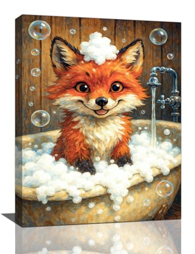 Rustic Fox BathRoom Wall Art For Kids Cute Animal Bathroom Canvas Wall Decor Country Bathtub Pictures Paintings Prints Artwork Framed Decorations For Bedroom Living Room Gifts 12" x 16"